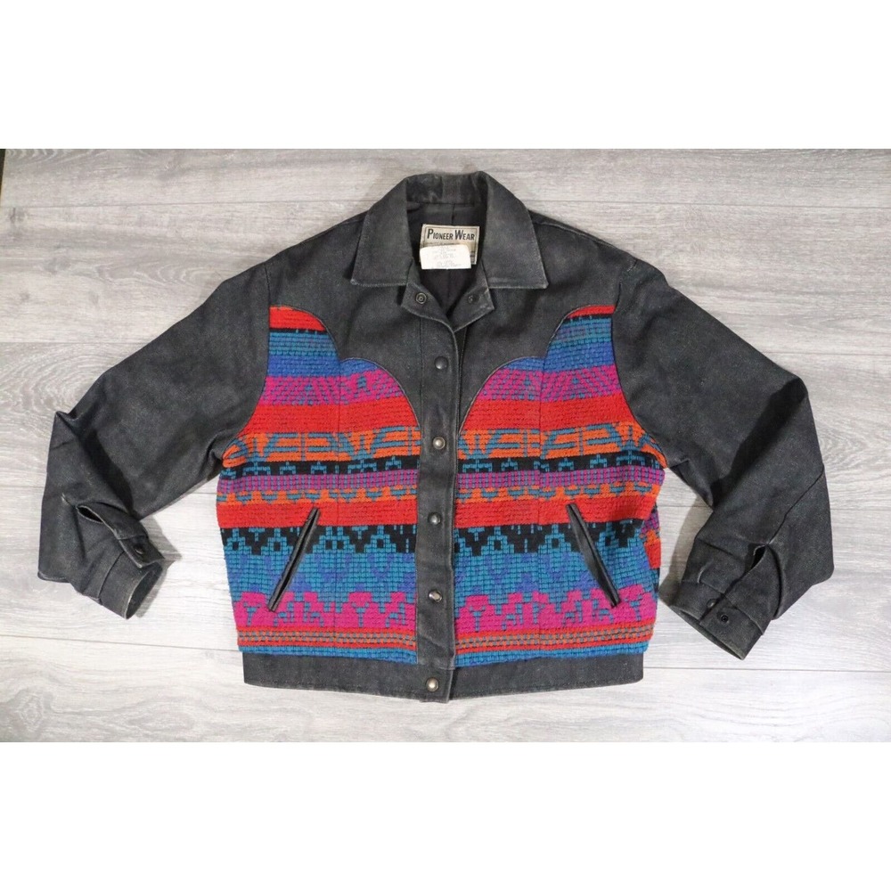Womens Aztec Denim Pioneer Wear Jacket Coat Black Southwestern Made USA Sz M